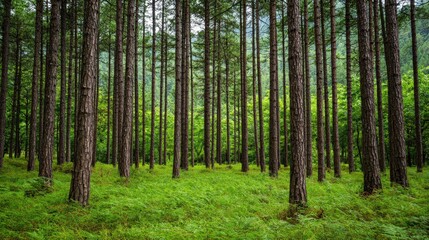 Fototapeta premium Ecological impact climate recovery concept. Lush green forest with tall, straight trees and vibrant undergrowth.