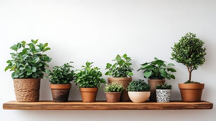 Plants on Wooden Shelf Against White Wall