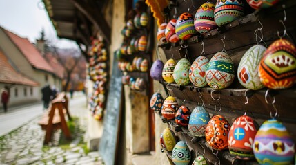 A photo of an Easter egg market in the old town, decorated eggs hanging on wooden walls with intricate designs and colorful patterns, surrounded by cobblestone streets and traditional architecture.