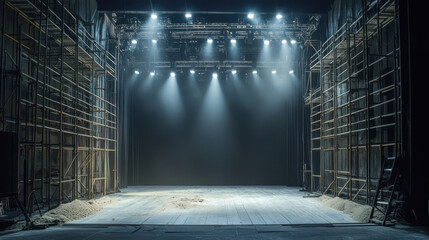The stage is devoid of any performers, highlighted by two LED spotlights casting beams of light on the wooden floor. Scaffolding lines the sides, hinting at preparation for an upcoming event