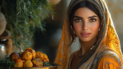 Woman in Yellow Saree Holding Tray of Snacks in Warm Lighting