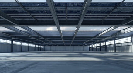 Spacious industrial building features a roof supported by steel beams, showcasing solar panels above an empty floor area under a bright sky. Visible light patterns create a modern aesthetic