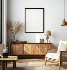Minimalist living room with wooden furniture, pampas grass, and empty frame.