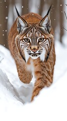 Fototapeta premium Lynx stalking snowy forest winter