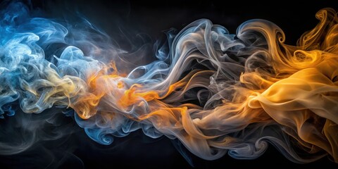 Fototapeta premium Abstract Swirling Smoke A Captivating Blend of Blue and Amber Hues on a Dark Background