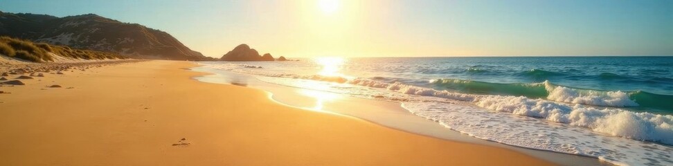 Obraz premium Golden sand stretches far, tide pools gleam under bright sun, sand, sunlight, nature