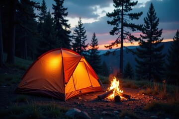 Glowing tent, campfire, dusk, pine trees, wilderness , horizon, background, tent
