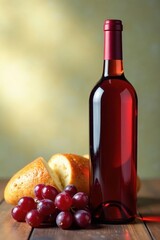 Obraz premium Glistening wine bottle beside fresh bread, grapes, moment, shadow, serene