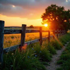 Obraz premium Golden hour sun dips behind rustic wooden fence, idyllic European countryside , field, twilight, yellow