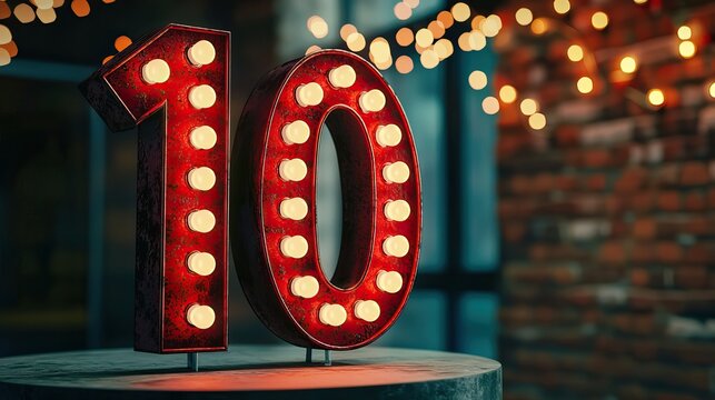 Vintage Marquee Light-Up Number 10 Sign with Festive Bokeh Lights in Cozy Atmosphere