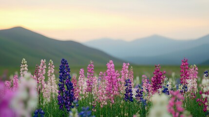 Obraz premium Ecological impact climate recovery concept. Vibrant field of wildflowers with mountains in the background.