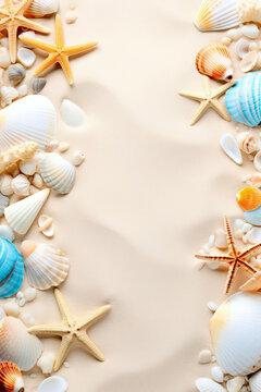 Tropical Beach Background with Colorful Seashells and Starfish on Soft Sand with Copy Space