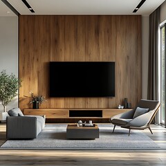 Modern minimalist living room with a wooden wall and white ceiling, featuring an oversized black TV on the back panel of light wood furniture, adorned with a grey armchair beside a coffee table. 