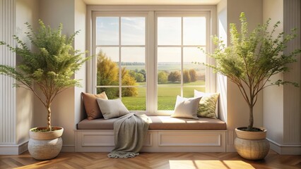 Serene Window Seat with Lush Greenery and Soft Textiles, Bathed in Sunlight