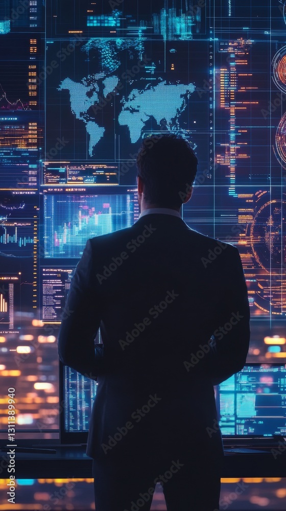 Poster a man in a suit is looking at a computer screen with a lot of numbers and graphs