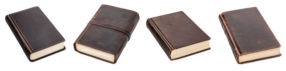 Obraz premium Vintage leather bound books on wooden shelves in a cozy library setting representing knowledge education and literary heritage