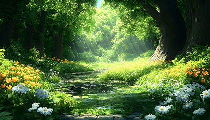 Enchanting forest path with lush greenery and sunbeams for relaxation
