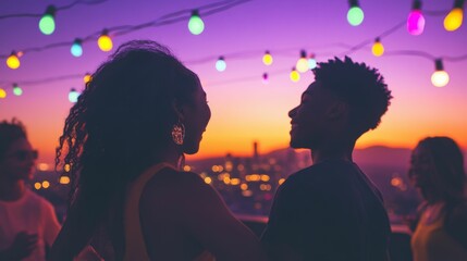Group of diverse teens dancing together at a rooftop party, colorful string lights overhead and city skyline in the background, festive evening vibe