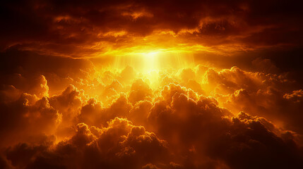 Fototapeta premium Golden Hour: Dramatic Sky with Beams of Light Breaking Through Fiery Clouds
