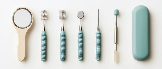 Teal hygiene tools, hand mirror, case, white background