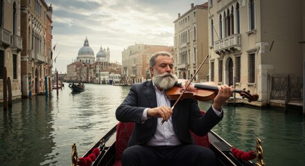A bearded man in a suit plays the violin while sitting in a gondola, floating through the canals of Venice. The historic cityscape and domed churches create a stunning backdrop