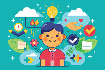 Fototapeta premium A smiling child stands amidst colorful icons representing creativity, positivity, and innovation, Positive thinking Customizable Disproportionate Illustration