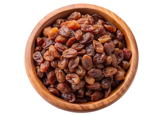 brown raisins in wooden bowl isolated on transparent background png
