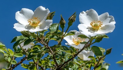 White Dog Rose Flowers With Orange Centers Against Clear Blue Sky, Shallow Depth of Field