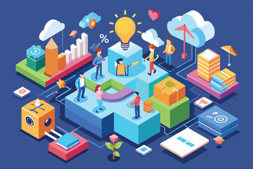 Obraz premium A vibrant isometric illustration showcases people brainstorming and sharing ideas in a creative work environment, Positive thinking Customizable Isometric Illustration