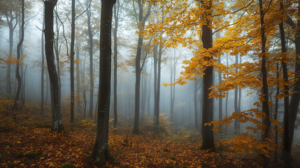 Fototapeta premium Misty autumn forest with golden leaves and bare trees