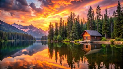 Fototapeta premium Serene lakeside cabin nestled amongst towering evergreens, reflecting a vibrant sunset over majestic mountains.