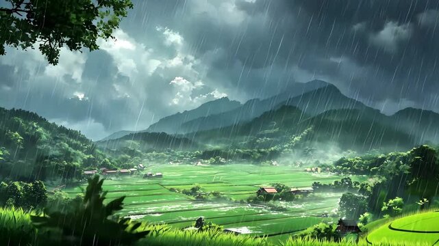Anime animation monsoon Embrace. the lush landscape of the valley and its surrounding mountains during a monsoon season, captured from a high angle during heavy rain