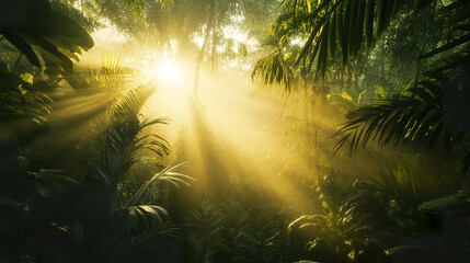 Naklejka premium Misty jungle at dawn with golden sunlight piercing through lush foliage