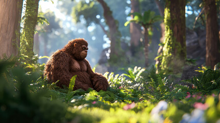 Obraz premium Contemplative Furry Being: A brown creature rests amongst the lush flora of a sun-dappled forest floor