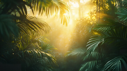 Misty jungle at dawn with golden sunlight piercing through leaves