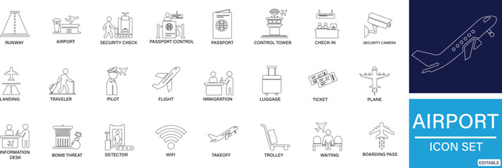  Airport  line icon set plane, boarding pass, traveler, duty free, information desk, customs, detector, You can easily change the color.