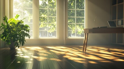 Fototapeta premium sunlit home office with wooden floor and large windows