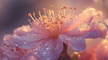 Fototapeta premium Macro shot of fragile mountain flowers in early morning light, their petals gradually becoming clear, kissed by lingering raindrops.
