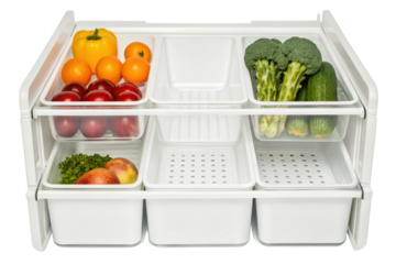 Vegetable organizer with produce for fridge storage isolated with transparent background