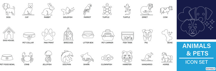  Animals & Pets icon set Dog, Cat, Rabbit, Hamster, Guinea Pig, Goldfish You can easily change the color.