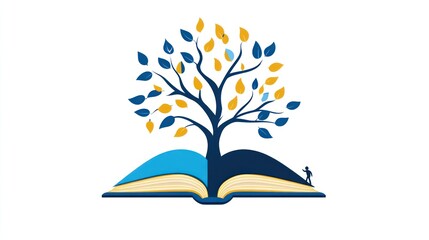 Open book with tree symbolizing knowledge, educational graphic