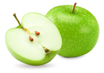 green apple with half of apple isolated on white background. clipping path