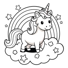 Cute Unicorn on Cloud with Rainbow – Fun and Easy Coloring Page for Kids, Unicorn Coloring Page, Rainbow Unicorn Drawing, Cute Unicorn Vector
