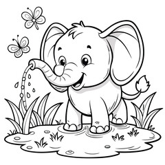 Cute Baby Elephant Spraying Water Outline Vector for Kids Coloring and Clipart, Elephant Coloring Vector, Baby Elephant Outline, Pond Animal Drawing
