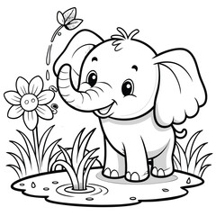 Cute Baby Elephant Spraying Water Outline Vector for Kids Coloring and Clipart, Elephant Coloring Vector, Baby Elephant Outline, Pond Animal Drawing
