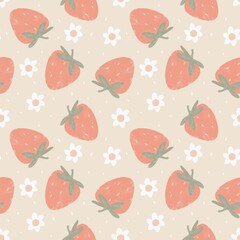 Seamless pattern with strawberries and flowers against a light beige background.