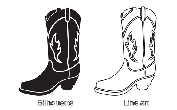 Cowboy boots and western hat, Set of rodeo cowboy Silhouette,Vector illustration. Cowboy boot line art isolated on white background