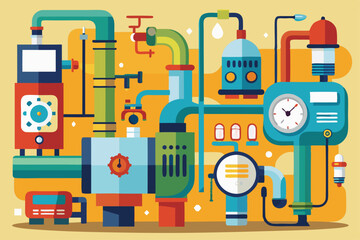 Complex pipeline and boiler layout features pumps, radiators, and gauges in a vibrant design, Poster with pipesline and pump, boiler and radiator, gas and water meter,