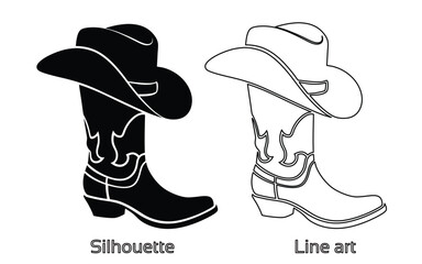 Cowboy boots and western hat, Set of rodeo cowboy Silhouette,Vector illustration. Cowboy boot line art isolated on white background
