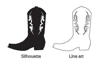 Cowboy boots and western hat, Set of rodeo cowboy Silhouette,Vector illustration. Cowboy boot line art isolated on white background